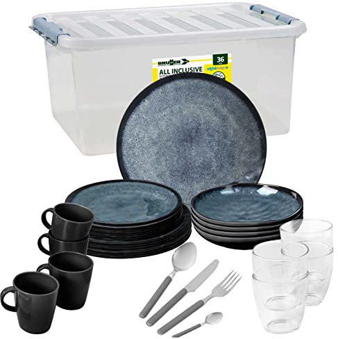 Brunner- Outdoor in Motion Camping-Geschirr-Set Melamin | 36-Teilig - Teller, Besteck & Becher für 2-4 Personen All Inclusive Venetian Bruchfest Anti-Slip