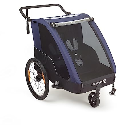 POLISPORT 8615000006 - Rimorchio + Passeggino con ruote da 20 pollici per biciclette, adatto per un massimo di 1 o 2 bambini e con un carico massimo di 41 kg, colore Grigio/Blu.