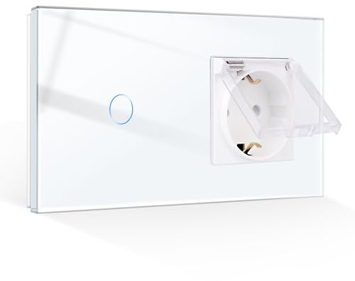 CNBINGO 1-Fach Touch Lichtschalter mit Wasserdicht Steckdose, Weiß Glas