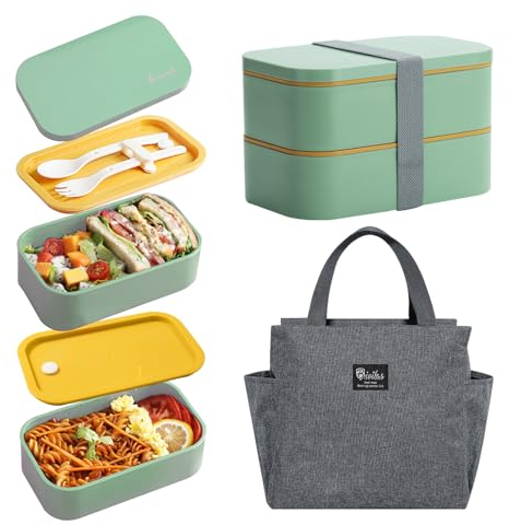 Aiuuee Bento Lunch Box avec Sac Kit, 1600ML Boite Repas avec Sac Isotherme et Couverts, Hermétiques Bento Japonais avec Compartiment, Boite Micro Onde pour Enfant Adultes Pique Nique Travail (Vert)