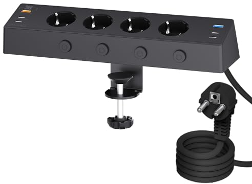 Toma de Mesa con USB C, Regleta Enchufes Proteccion Sobretension,Regleta 4 Enchufes con Conmutable Individualmente,Enchufes Multiple con Dispositivo de Sujecióncon y Cable 2M para Oficina,Negro