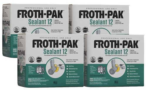 Froth-Pak 12 Spray Foam Sealant Kit, 3ft Hose, 4-Pack. Seals Cavities, Penetrations & Gaps. Yields Up to 12 Board ft. at 2 Thick, 4 Width. Two Component, Polyurethane, Closed Cell