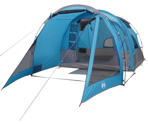 vidaXL Tunnelzelt 4 Personen, Campingzelt mit Steckverbindungssystem, Wasserdicht Familienzelt mit E-Anschluss, Gruppenzelt, Blau 185T Polyester