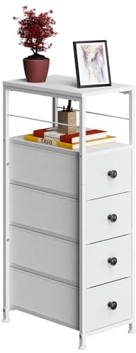 Shinoske Kommode Schmal, Aufbewahrungsschrank mit 4 Schubladen aus Stoff und Holzregal, Aufbewahrungskommode Kommodenschrank für Schlafzimmer Wohnzimmer Kinderzimmer Flur, Metallrahmen, Weiß