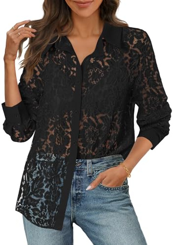 MEROKEETY Women's Lace Long Sleeve Tops Dressy Casual Blouse Button Down Sheer Elegant Summer Shirts, Black, Medium