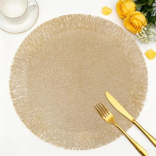 FAVE Juego de 6 manteles individuales redondos de vinilo dorados, lavables y ahuecados con borlas para decoración de mesa, uso diario, decoración de vacaciones (15 pulgadas, 6 piezas)