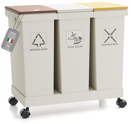 YOYIKKO Set 3 Bidoni Differenziati, Pattumiere, 3 contenitori con coperchio, 3 x 12 l, contenitori per il riciclaggio rimovibili con ruote, sistema di raccolta differenziata (36-100)
