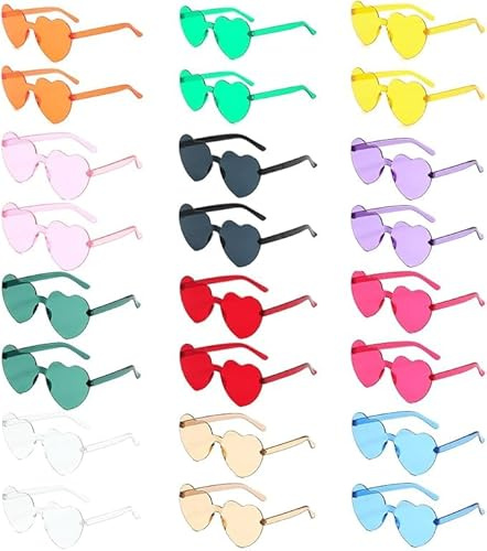 ROTKUSZ 24 Paia Occhiali da Sole a Forma di Cuore, Senza Montatura, Colorati Trasparenti, per Festa Hippie e Carnevale