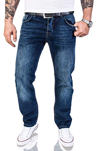 Rock Creek Herren Jeans Hose Regular Fit Jeans Herrenjeans Herrenhose Denim Stonewashed Basic Raw Straight Cut Jeans RC-2140 Dunkelblau W34 L34