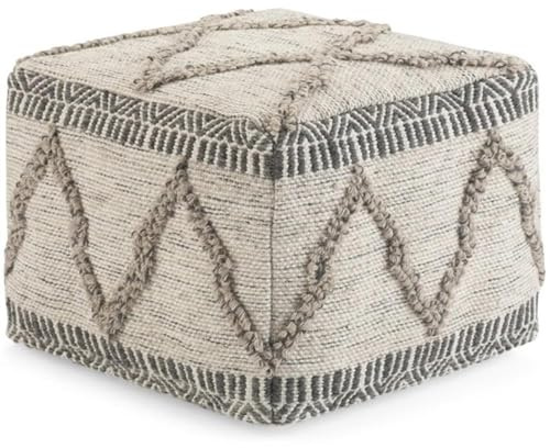 SIMPLIHOME Sweeney Square Pouf - 18 inch Wide Upholstered Wool and Cotton Handloom Woven Ottoman in Grey and Natural, Boho-Style Footstool, Extra Seating or Accent Piece for Living Room, Assembled