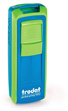 Trodat -Pocket Printy 9511 – Taschen-Stempel mit Wunschtext personalisieren, hier gleich online gestalten Gehäusefarbe apfelgrün/himmelblau – Adresstempel - mit Wunschtext – 38X14 mm, 4 Zeilen -