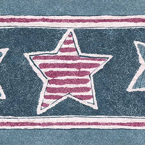 Dundee Deco DDAZBD9498 Peel and Stick Wallpaper Border - Abstract Blue Red White Stars Wall Border Retro Design, 15 ft x 7 in (4.57m x 17.78cm), Self Adhesive
