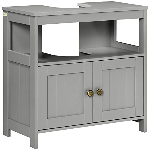 kleankin Pedestal Under Sink Cabinet Bathroom Double Doors Light Grey