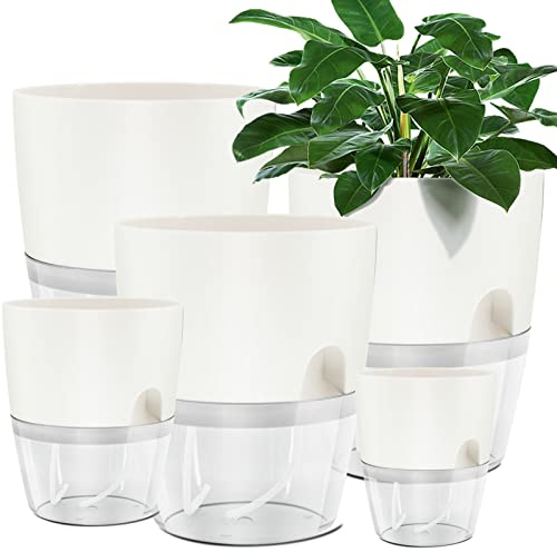 Muzhira Fioriere di Vaso di Plastica, 5pcs 15.3cm / 10.5cm / 8.2cm Vaso con Sistema di Auto-irrigazione, per Fiori, Erbe, Violette Africane, Succulente - Bianco