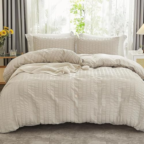 Freyamy Seersucker Bettwäsche 135x200 4teilig Seersucker Beige Geprägt Gestreifte Bettwäsche Set Aesthetic Microfaser ÖKO-TEX Bettbezug 2 Deckenbezug mit Reißverschluss und 2 Kissenbezug 80x80cm