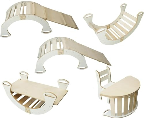 Skyline Balancelles Bascule Enfant Montessori Bebe 1 an Escalade Arche en Bois Mur descalade meble Arc à Grimper Bascule d'équilibre Portique d'escalade Bureau et Chaise L Blanc