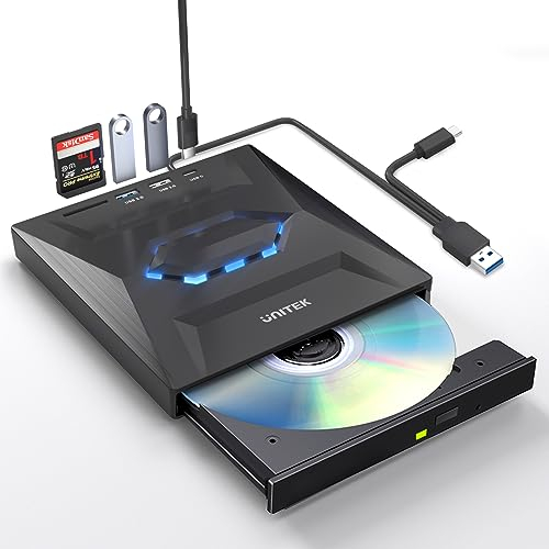 UNITEK Externes CD DVD Laufwerk, USB C Tragbares CD/DVD +/-RW Laufwerk/DVD Player mit SD Card Reader USB 3.0 USB C Hub CD ROM Brenner Kompatibel mit Laptop Desktop PC Windows Linux OS Apple Mac