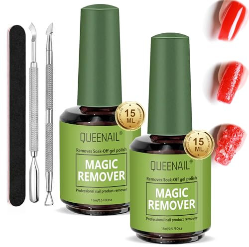 2 Pcs Removedor Esmalte Semipermanente, 15ml Removedor Quita Esmalte Semipermanente para Uñas, Quitaesmalte Gel con Empujador de Cutícula y Lima de Uñas, Elimina Fácil y Rápidamente en 3-5 Minutos