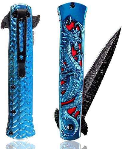 Vividstill cool Drache Klappmesser für Männer, cool Klappmesser Taschenmesser mit Titanplattiert 3D Drache, gute Geschenk Edc Messer für Männer Outdoor Überleben Camping (Blau titanplattiert)