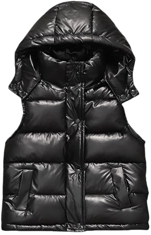 FEOYA Boys Black Puffer Vest Baby Quilted Paded Vest Girl Sleeveless Down Jacket Snow Vest Warm Puffer Thermal Waistcoat Outwear Zipper Hoodie 8-9 Years