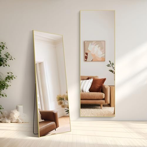 NIMURY Specchio da Terra, 161 x 52 cm Specchio Rettangolare con Cornice in Alluminio Oro per Bagno, Camera da Letto, Ingresso e Corridoio