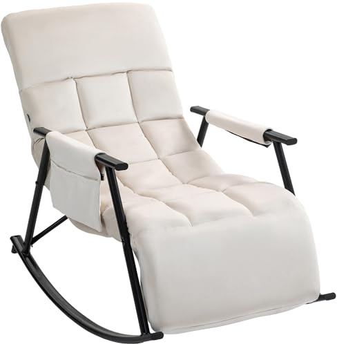 CLP Fauteuil à Bascule Cathy I Fauteuil Relax rembourré I Fauteuil à Bascule avec Dossier I Structure métallique avec accoudoirs et Poche latérale, Couleur:crème, Matériel:Velours