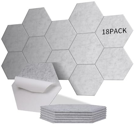 Sonuvia paket med 18 Hexagon akustikpaneler självhäftande, täcker 1,05 m²,ljudisolering för väggar och dörrar - 230 kg/m³, NRC 0,95, 100% polyester, idealisk för ljudisolering vägg,silvergrå