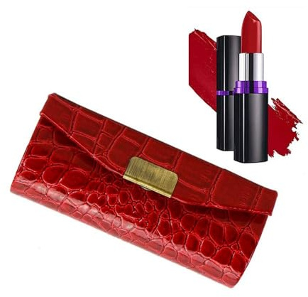 XIAOBUU Leather Lipstick Organiser with Makeup Mirror, Button Closure, Lipstick Case Leather Lipstick Organiser Durable Waterproof Lipstick Holder Button Closure,9 x 3 x 3 cm (red)