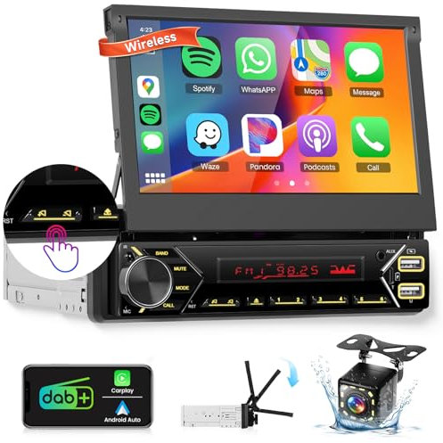 DAB/DAB+ Single Din Car Stereo with Wireless Carplay Android Auto, Hodozzy 7 inch Motorized Flip Out 1 Din Touch Screen Bluetooth Car Radio with Mirror Link/EQ/FM/USB/Type-C/AUX/Mic+ Reversing Camera