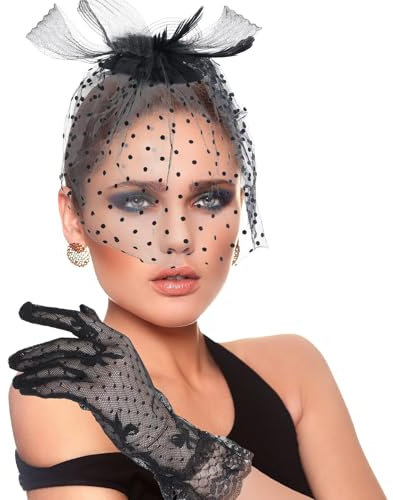 InnoHHustle Fascinator Damen Hut, Vintage Fascinator Hut Damen mit Schleier Schwarz Federn Mesh Stirnband Clip Schwarzer Spitzenhandschuhe Hochzeit Braut Kopfschmuck Teeparty Kirche Haarschmuck