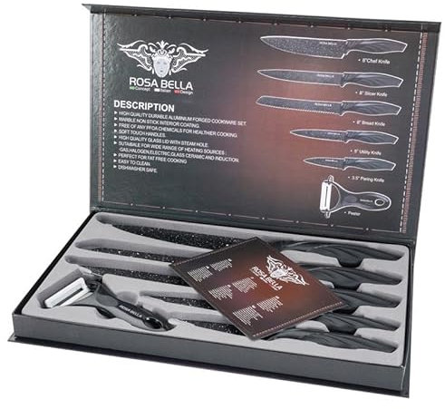 Set di 6 coltelli da cucina in acciaio inox, rivestimento in marmo, lame antiaderenti, coltelli neri, 6 coltelli molto taglienti, utensili da cucina, pelapatate, lame da taglio