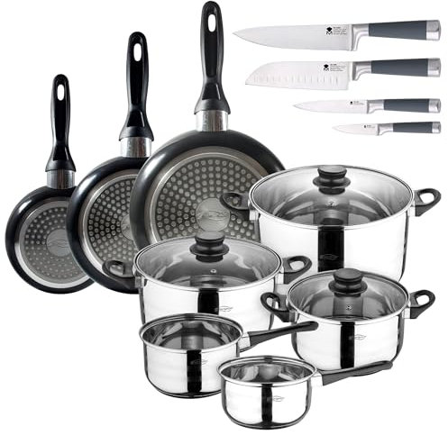 San Ignacio Set de 3 sartenes 16-20-24 cm en aluminio prensado + Batería de Cocina 8 Piezas: 2 cazos ø16 y ø18; ollas ø20 ø24 y ø28 + Juego de Cuchillos de cocina