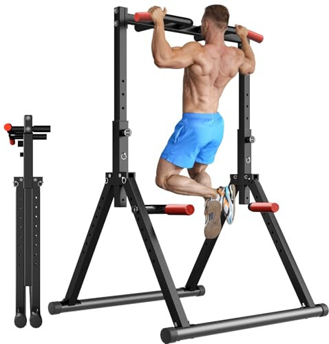 WATBKHE Chaise Romaine Power Tower Dip Station, Barre de Tractions Pliable Musculation, Hauteur Réglable, Structure triangulaire, pour Entraînement à Domicile (Noir - Multifonction)