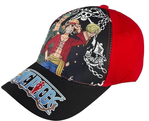 One Piece - Casquette de baseball pour enfants - 2 dessins avec Ruffy & Chapeau de paille, taille réglable (54-56 cm) - Anime-Merch - Casquette en coton avec visière, rouge, 54