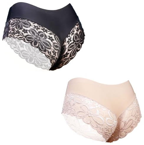 BLESO - Femboy Mens Pizzo Sissy Pouch Mutandine Slip Bikini Tanga G String Lingerie Biancheria Intima, Nero+Pelle, Taglia Unica
