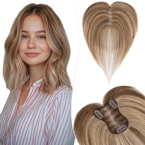 Silk-co Toupet Capelli Donna Veri con Clip Extension Capelli Veri Clip Topper Human Hair 8x11cm Fatto a Mano 150% Densita, Marrone & Biondo Scuro