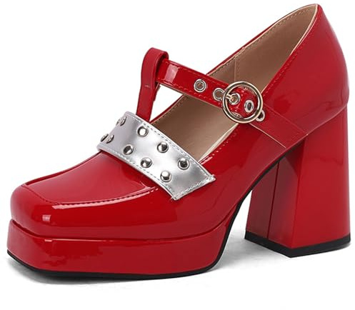 Tjocka plattformspumpar för kvinnor med 9,5 cm blockklack och 2 cm plattform – fyrkantig tå punkstil nitade T-remsandaler i PU-läder, Röd, 42 EU