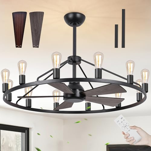 She's home 43 Black Wagon Wheel Chandelier Fan with Light, 12-Lights Large Round Candle Farmhouse Fandelier Ceiling Fan with Light Fixture for Living Room, Dining Room, Height Adjustable