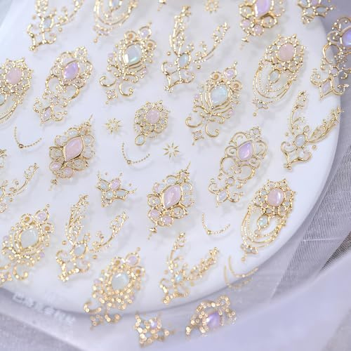 VelvetGlow 5D Embossed Gemstone Nail Stickers Gold Nail Art Stickers with Mace Design Self-Adhesive Manicure Decorations for Women's Nail Supplies