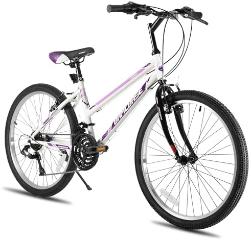 Hiland BAMCBASE Bicicleta de Montaña de Mujer, 21 Velocidades, Cuadro de Acero al Carbono, Frenos en V Delanteros y Traseros, Bicicleta Urbana 24 Pulgadas para Adultos - Blanco