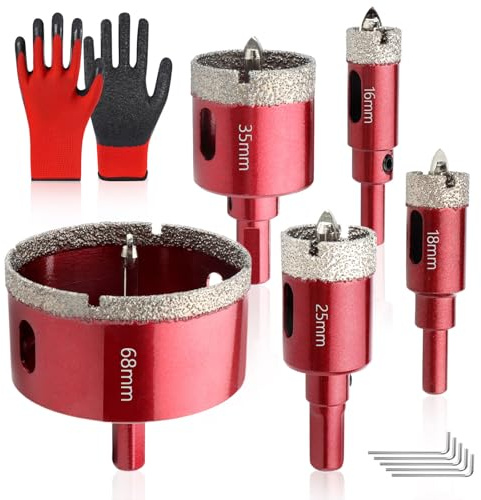 SneiDr Scie Cloche Diamantée 5pcs 16 18 25 35 68mm Foret Diamant Carrelage | Scie Cloche Diamant avec Foret de Centrage Tige Triangulaire 9.8mm Clés Allen et Gants Pour Carrelage Marbre Granit Quartz