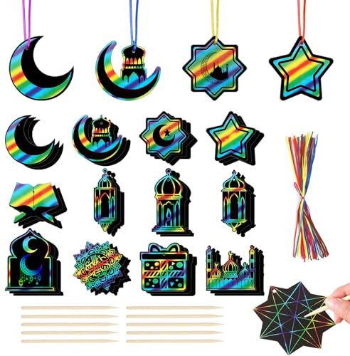 36PCS Ramadan Eid Scratch Art for Kids, Ramadan Scratch Paper Art Kits, Eid Gifts for Kids, Ramadans Crafts for Kid, Ramadans Decorations, for School Classroom Activities Drawing Project Party Favors