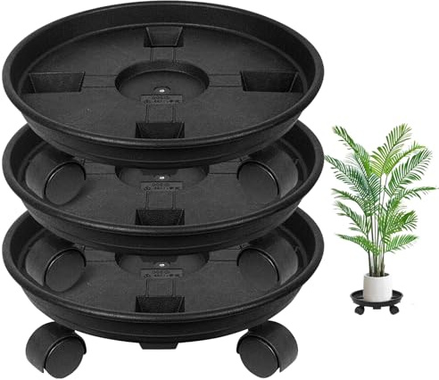 Rullo per piante rotondo, 3 pezzi da 30 cm, vaso da fiori con ruote fino a 50 kg, per interni ed esterni, carrello per piante in plastica, con quattro ruote