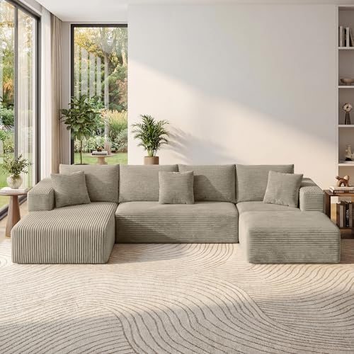CUBENTE Modular Sectional Sofa | 135 Oversized Cloud Couch with Cozy Thickened Corduroy, Boneless Sofa with Double Chaise, High-Resilience Foam Floor Couch for Home, 1400lbs Support | Oat Beige