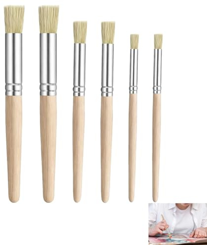 Juego de 6 Pincel de Cerdas Naturales, Pincel para Plantilla Pintura de Redondos con Mango de Madera y Casquillo de Aluminio, Ideal para Pintura Acrílica, Óleo, Acuarela, Herramienta Manualidades