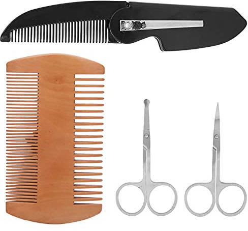 OEBUAFI Set di Strumenti per Modellare la Barba Forbici Flessibili Antiruggine Pettine in Legno Pettine Pieghevole per Uomo Materiale ABS Leggero Portatile
