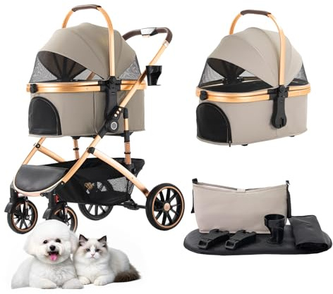 Lnhcrbs Carro Perro-Un Práctico Carrito Para Perros y Carro Para Perros con Cesta Desmontable, Chasis de Aluminio (Hasta 22 Kg)-Plegado en Un Paso, Gran Cesta-Para Mascotas Pequeñas/Medianas,Khaki