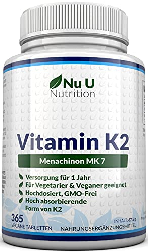 Vitamin K2 MK7 200µg - 365 vegane Tabletten, keine Kapseln - 12 Monate Vorrat - 200mcg pro Tablette - Vit K2 MK-7 Menaquinon hochdosiert - Nu U Nutrition