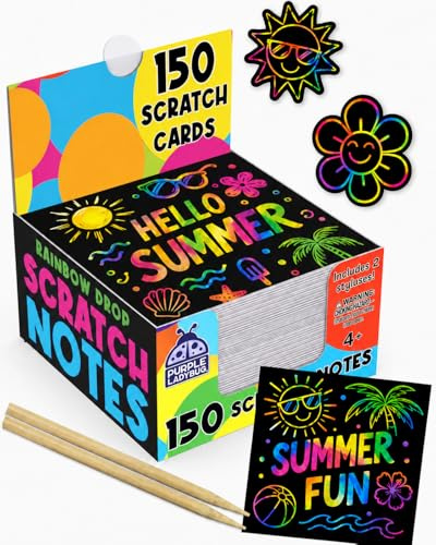 PURPLE LADYBUG Scratch Art for Kids - 150 Rainbow Scratch Art Mini Notes Arts and Craft Supplies, Crafts for Kids Ages 4-12, Mothers Day Note Cards, Kid Summer Activities for Camping & Summer Crafts