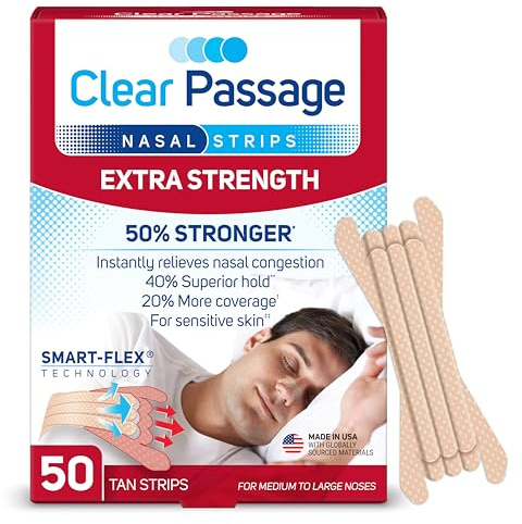 Clear Passage Nasal Strips Extra Strength, Tan, 50 Count | Works Instantly to Improve Sleep, Reduce Snoring, & Relieve Nasal Congestion Due to Colds & Allergies